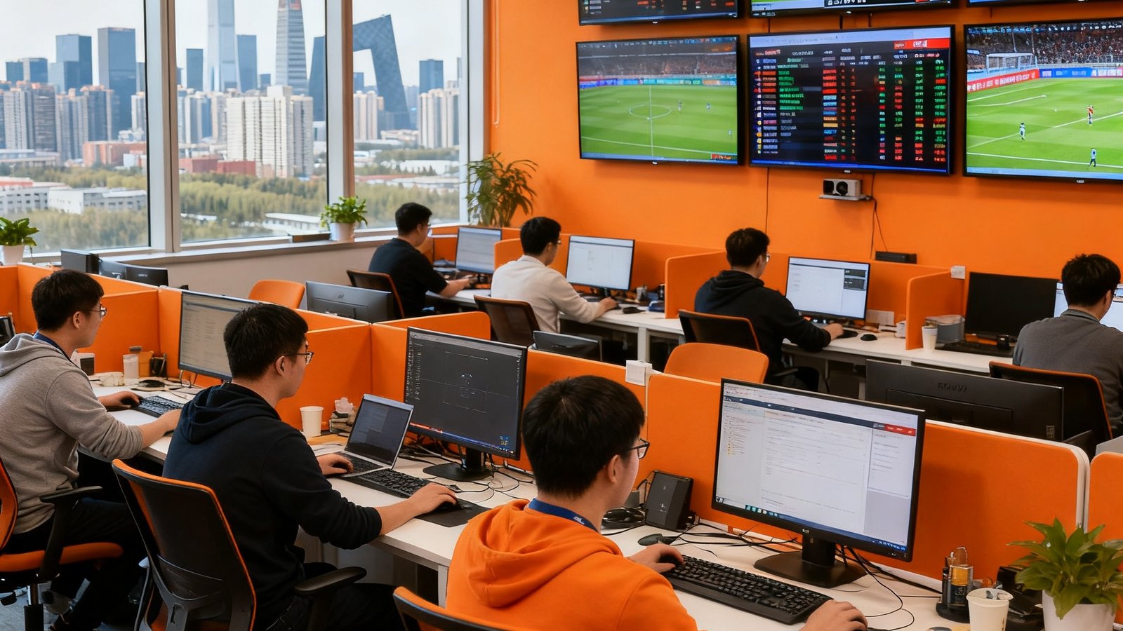 比分网北京办公室内，十几位工程师在开放式工位上专注工作，墙上挂着多块显示实时赛事数据的大屏幕，橙色调的办公环境充满活力，窗外可见中关村的天际线